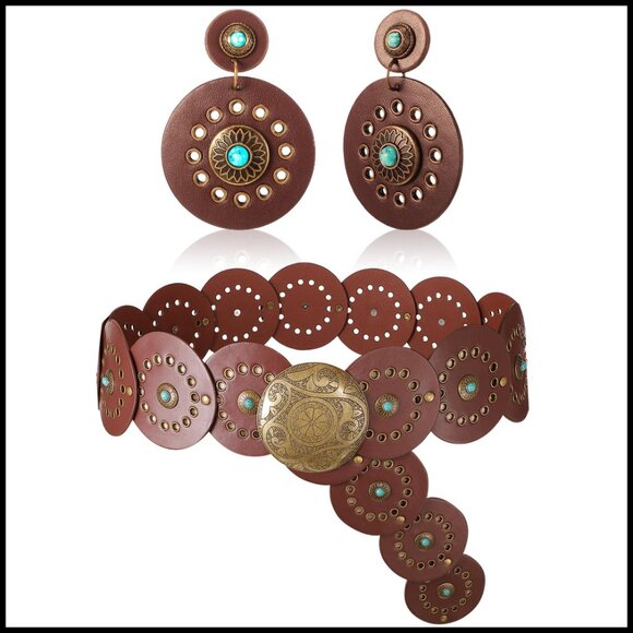 Western PU Leather Belt Earrings Set Bohemian Cowgirl Retro Festival Outfit main image 6